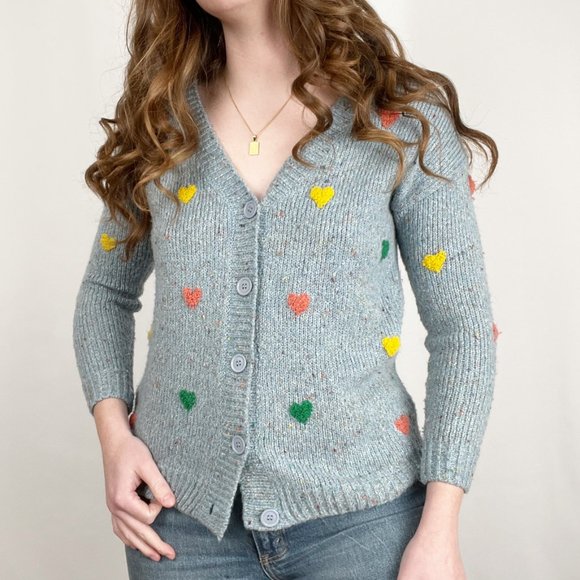 Vintage Hand Knit Embroidered Hearts Cardigan Sweater Cute Cozy Girly Handmade - Picture 8 of 8